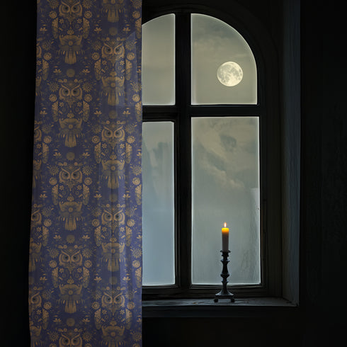 A sheer curtain panel featuring a repeating pattern of ornate golden owls surrounded by delicate floral designs and botanical elements on a deep navy background. The fabric has a fine linen-like texture with translucent qualities.
